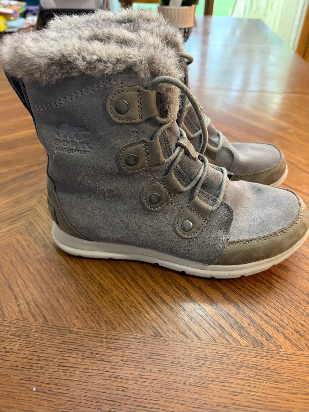 Sorel Gray Suede Lace-Up Winter Boots with Faux Fur Cuff